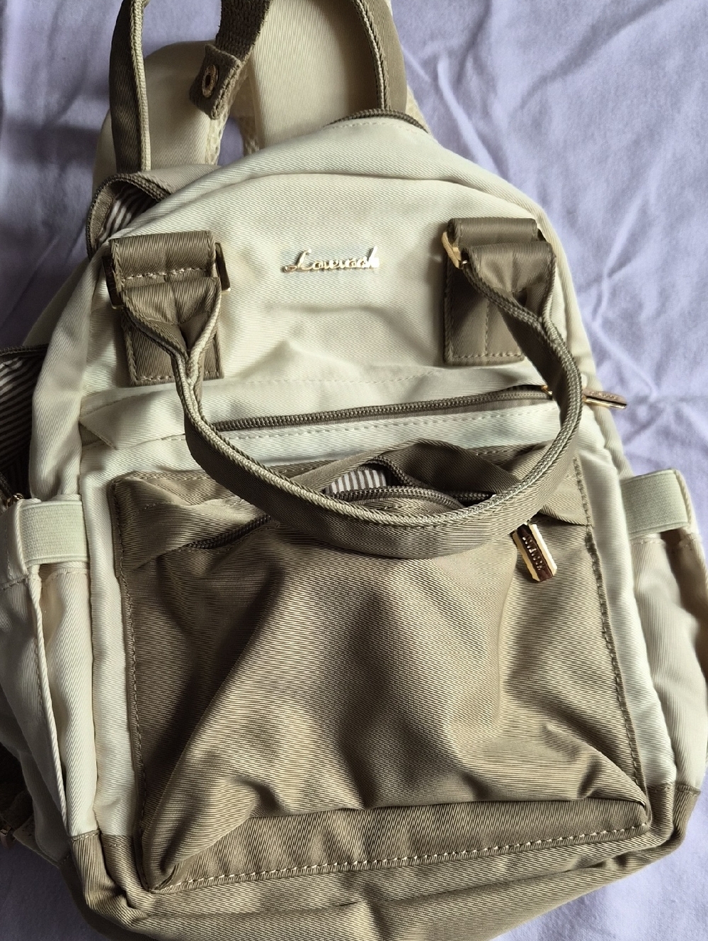 Cream and Khaki Backpack with Gold Hardware